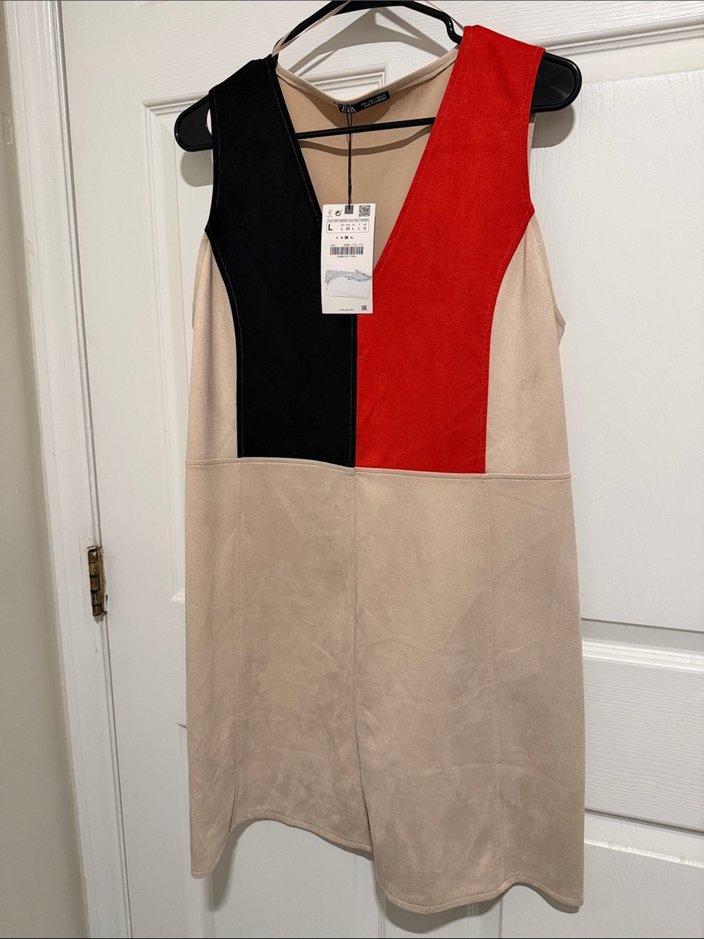 Zara Beige Mini Dress with Black & Red Panels